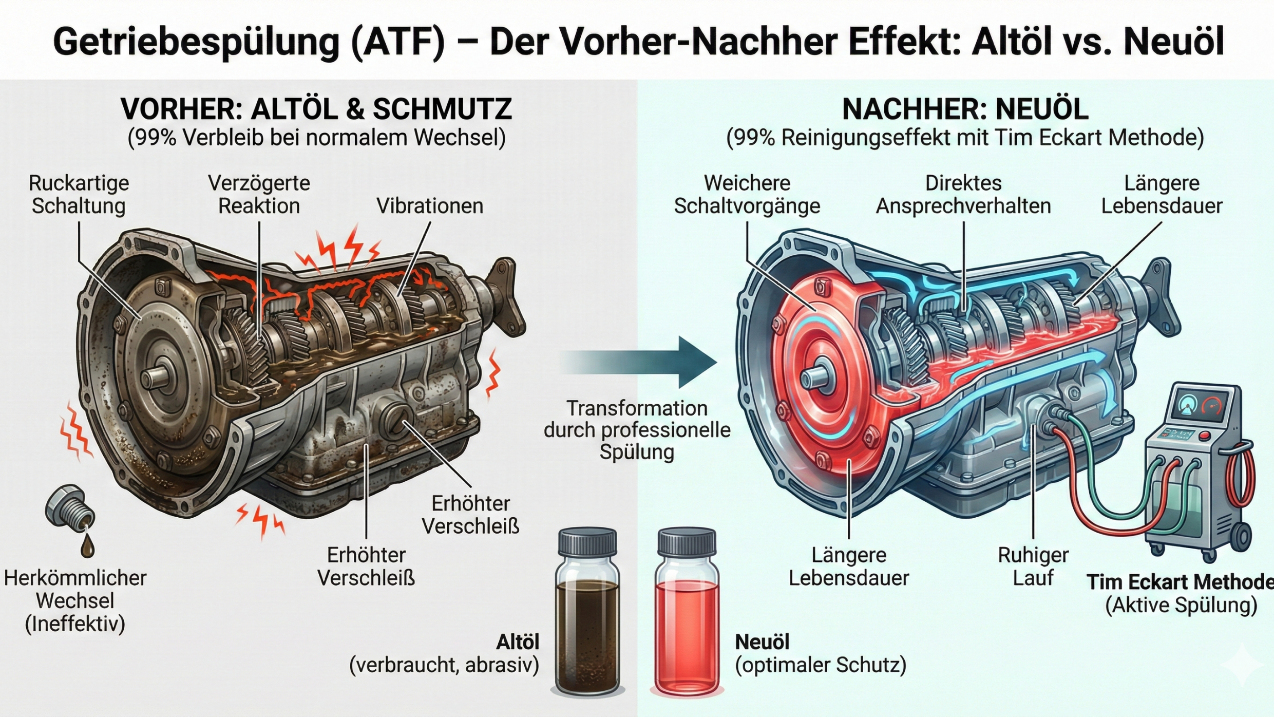 Infografik zum Vorher-Nachher-Effekt einer ATF-Getriebesp&uuml;lung. Links: Probleme durch Alt&ouml;l wie ruckartige Schaltung. Rechts: Vorteile durch Neu&ouml;l nach der Tim Eckart Methode wie weichere Schaltvorg&auml;nge.